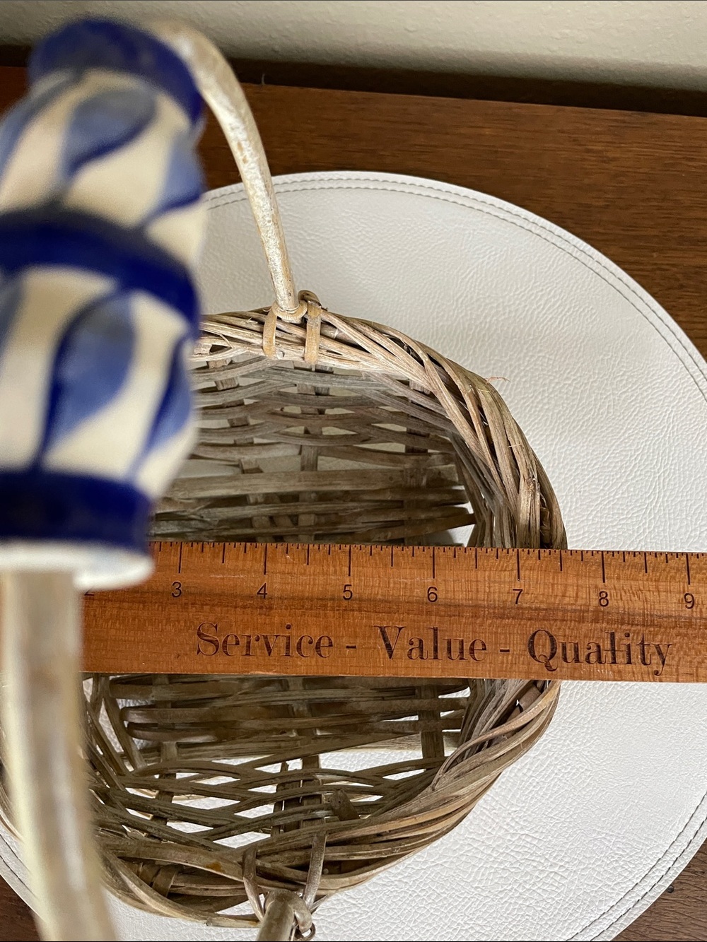 Vintage Wicker Handled Decorative Basket with Blue Ceramic Bead Accent - Picture 9 of 13